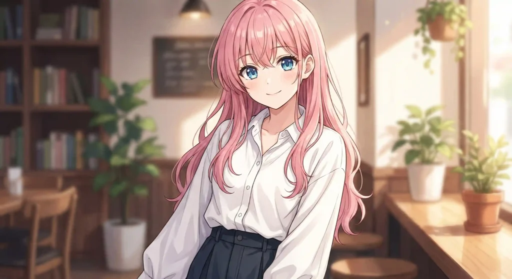 Anime girl with long pink hair, Blue eyes, white shirt and black skirt