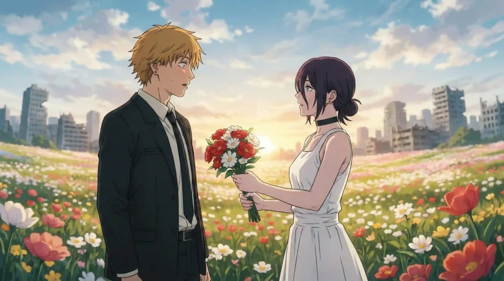 Reze giving flowers to denji, AI anime art